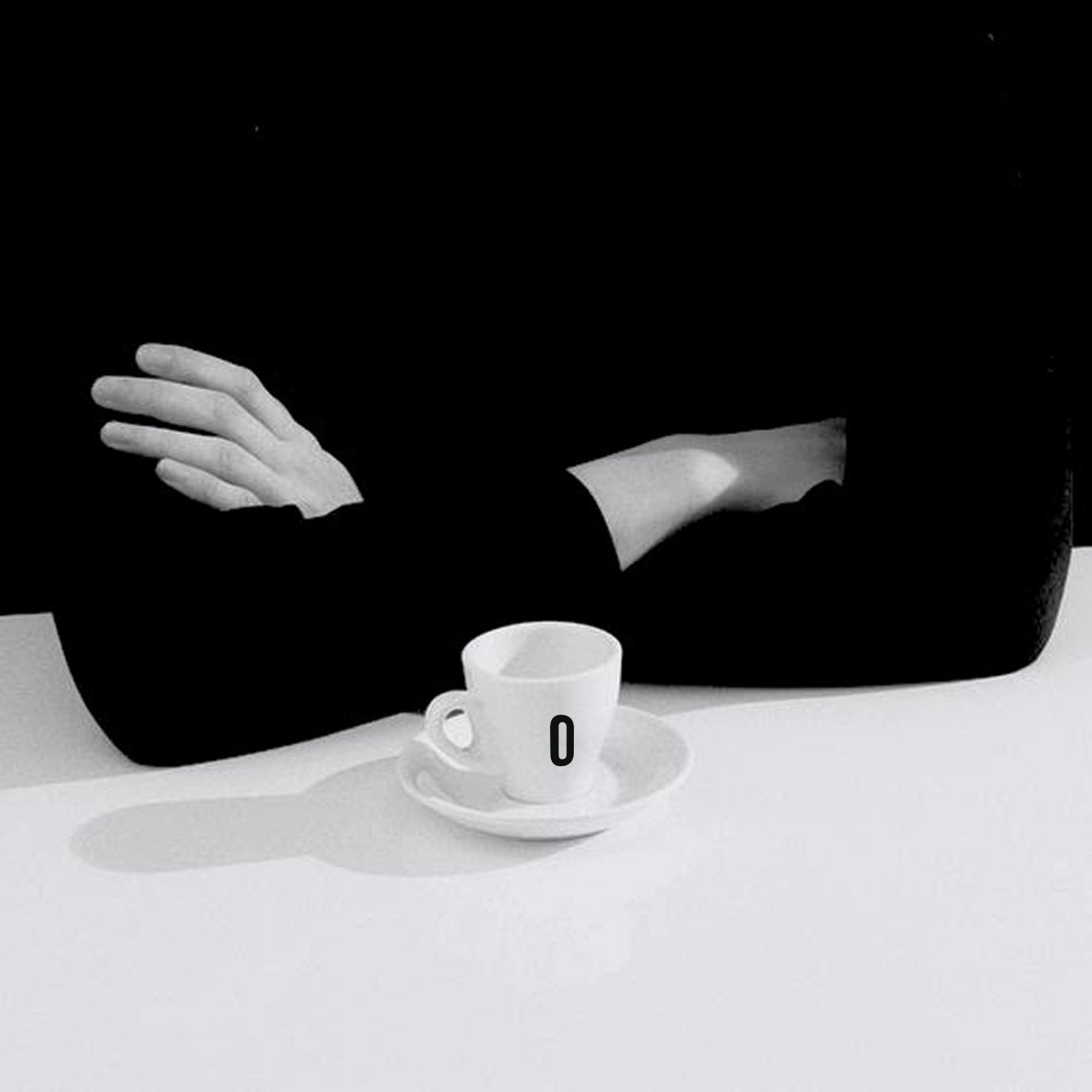 OUT.LI.ER editorial — hands and espresso cup branded with the 'O' mark